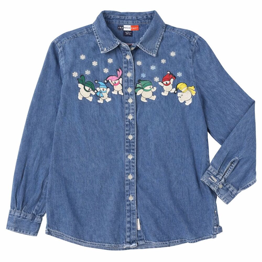 French Cuff Denim Christmas Shirt Large Embroidered Teddy Bear Winter Snowflake